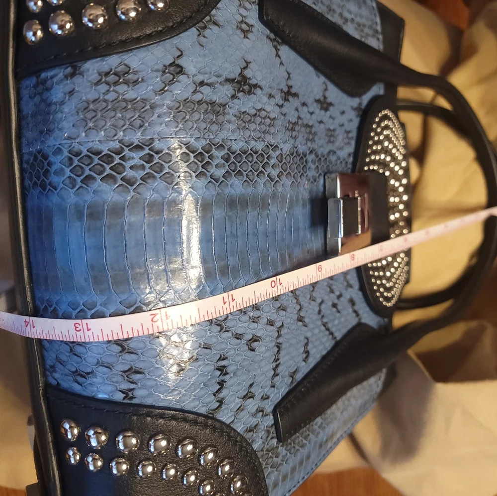 Michael Kors Collection Blue and Black Studded Python-Print Leather Satchel - Picture 3 of 9